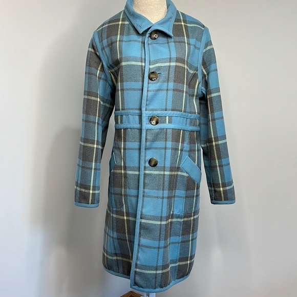 Vtg Plaid Reversible Women's Medium Trench Coat Robin Egg Blue Rockabilly Retro - Picture 2 of 15